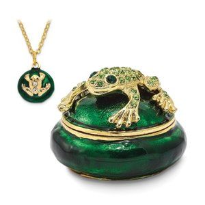 Bejeweled Green Enamel  Frog Trinket Box & pendant